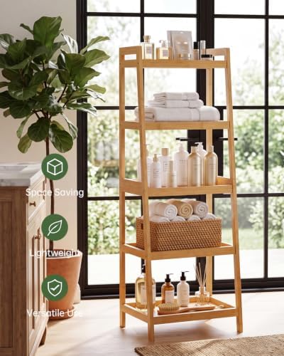 SMIBUY Bamboo Ladder Bookcase, Bathroom Storage Rack Organizer, 4 Tier and 5 Tier Freestanding Plant Display Stand Space Saver Shelves for Bedroom, Kitchen, Balcony (Natural, 5 Tiers (50" H)) - Image 2