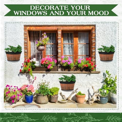 12 Pcs Wall Hanging Planters 10 inch Outdoor Wine Barrel Planter Distressed Oak Thickened Plastic Water Storage Flower Pots for Plants Flower Indoor Outdoor Railing Fence - Image 5