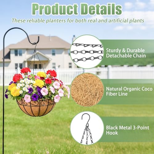 4 Pack 12 Inch Hanging Baskets for Plants Outdoor Metal Hanging Planters Round Hanging Flower Pots with Coco Coir Liner Plant Holder for Outdoor Patio Garden Balcony Decor - Flower Border - Image 5