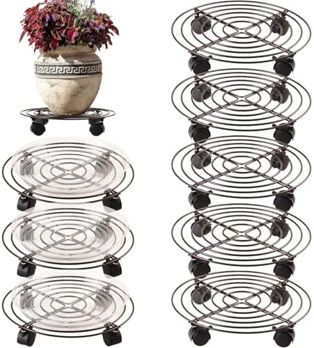 8 Packs Large Metal Plant Caddy 13.8" Plant Dolly with Wheels Heavy-Duty Wrought Iron Rolling Plant Stand with Casters Indoor and Outdoor Plant Pot Mover Rollers, Brown by Planterhoma