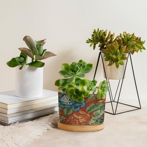 Blue Floral Chinoiserie on Orange Planters Ceramic Peony Chic Asian Round Flower Pot with Drainage Holes and Bamboo Tray Pot for Pots Outdoor Indoor Plants - Image 4