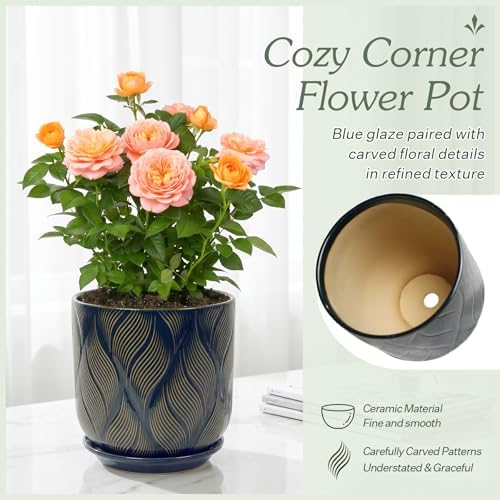 Ceramic Glaze Plant Pot Set 7.2+5.8 Inch Planter with Drainage Hole,Mesh Net,Saucer,for Indoor Outdoor(Leaf-Blue) - Image 3