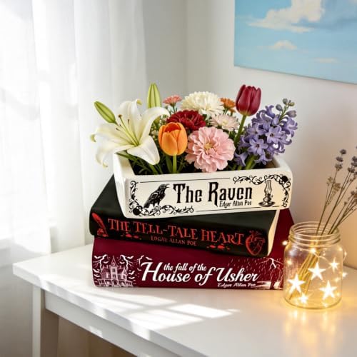 Small Book-Shaped Ceramic Planter for Flowers, Gothic Vase for Bookshelf Home Office Decor, Unique Decorative Gifts for Book Lovers, Edgar Allan Poe,The Raven - Image 5