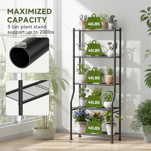 Livilord 5-Tier Plant Stand Indoor Outdoor, 64" Tall Metal Ladder Shelf for Multiple Flower Pot Holder, Waterproof Corner Garden Rack for Balcony Living Room, Black - Image 5