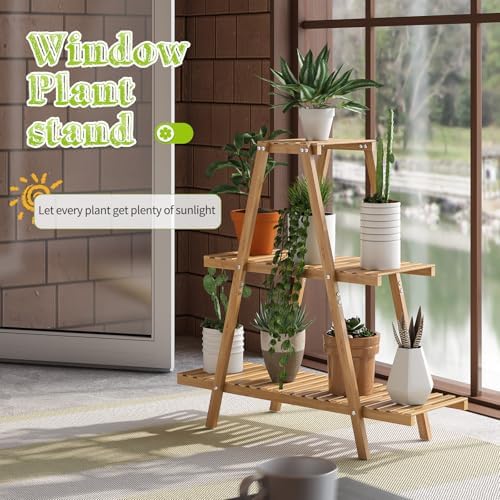 BMOSU Plant Stand Bamboo for Indoor Outdoor Tiered Plant Shelf 8 Potted Flower Holder Ladder Rack Garden Balcony Living Room Patio(3 Tier Natural) - Image 3
