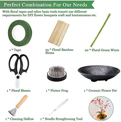 WANDIC Flower Arrangement Kit, Set of 51, Round Flower Holders, Ceramic Flower Pot, Kenzan Needle Cleaning Pin & Rake, Floral Stems and Floral Tape for Flower Arranging Art - Image 2