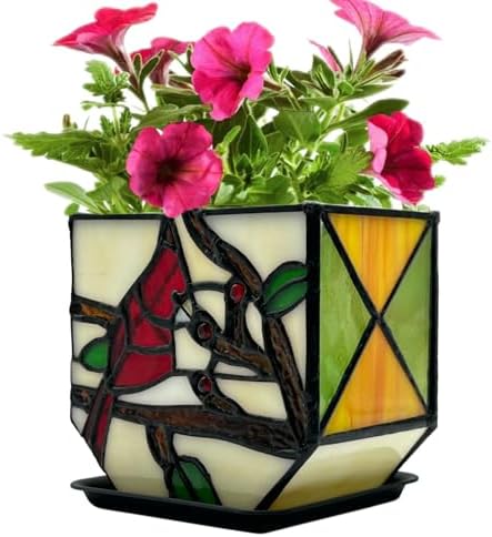 Stained Glass Cardinal Bird Indoor Planter Pot, Decorative Flower Pot with Drainage,Planter Pots for Indoor Plants,Christmas Cardinals Decorations,Cardinal Gifts by Entlityful