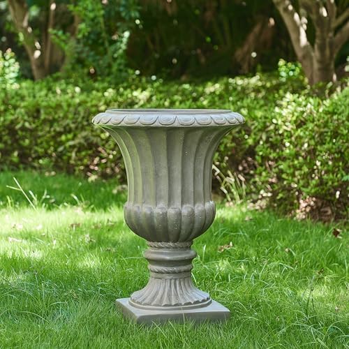 26" Gray Large Urn Planter Outdoor – Tall Pedestal Planters for Outdoor Plants, Durable Magnesium Oxide Garden Urn Flower Pot for Patio, Front Porch, or Indoor Décor by Unknown