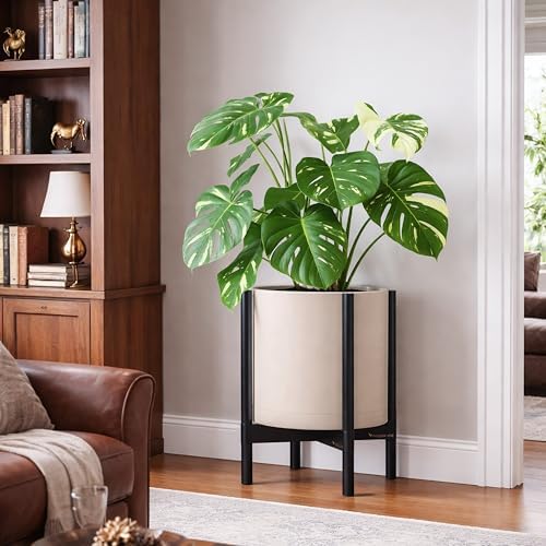 D'vine Dev Plastic Pot with Ebony Wood Stand, Oatmeal, 14 in, 55-C-T-4 - Image 4