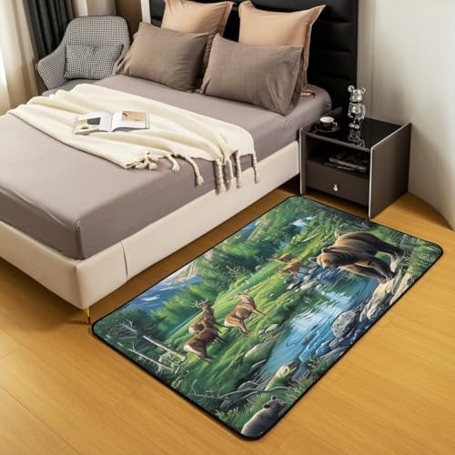 Erosebridal Woodland Bear Deer Area Rug 4'11" x 3'3" River Mountains Birds Living Room Rugs Wildlife Elk Natural Plants Decorative Carpet Landscape Green Blue Indoor Floor Mat - Image 3