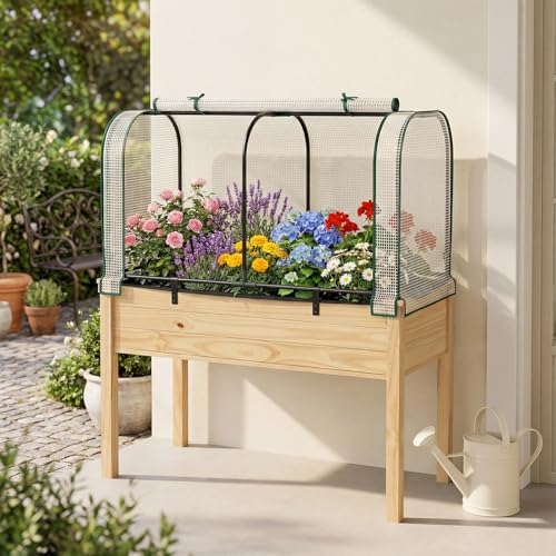 Giantex Raised Garden Bed with Cover, Wood Elevated Planter Box with Legs & Mini Greenhouse, Waterproof Sun-Protective PE Green House Cover, Outdoor Use for Fruit Vegetable Flower Herb (White+Natural) - Image 2