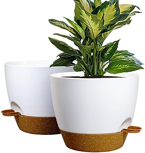 WOUSIWER 10 inch Self Watering Planters, 2 Pack Large Plastic Plant Pots with Deep Reservior and High Drainage Holes for Indoor Outdoor Plants and Flowers, White with Terracotta by WOUSIWER
