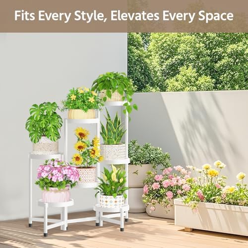 LASZOLA Plant Stand Indoor Outdoor Tall with Plastic Tray, 7 Tiers White - Image 2