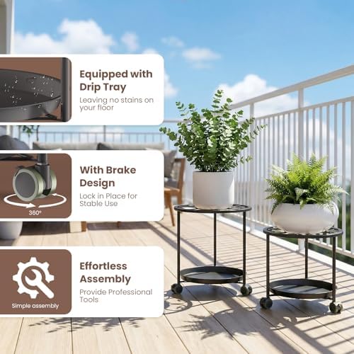 TOSKING 2-Pack Black Round Rolling Plant Caddies with Water Tray – Metal Stands with Wheels, Elegant Floral Pattern, for Indoor Planters (14" & 12") - Image 6