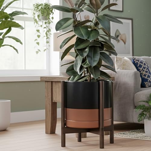 D'vine Dev Ceramic Pot with Walnut Wood Stand, Black/Tan, 14 in, 55-B-T-7 - Image 4