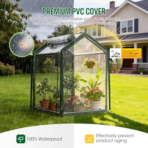 Mini Greenhouse with Zippered Doors & Roll-up Windows, Elevated Bottom Portable Plant Hot House with Durable PVC Cover, Water Resistant, UV Protected for Outdoor Flowers, Vegetables - Image 4