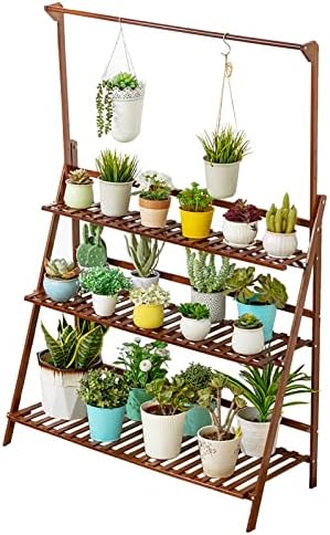 LIGUOYI Plant Shelf Holder 3-Tier Bamboo Ladder Plant Shelf, Hanging Garden Display Planter Rack Foldable Flower Plant Stand Height 56" Plant Hanger for Home Garden Patio Balcony by LIGUOYI