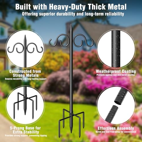 Double Shepherds Hooks for Outdoor, 108 Inch Heavy Duty Bird Feeder Pole with 5 Prongs Base, Adjustable Shepherds Hook for Bird Feeder, Garden, Weddings, Hanging Plant, 2 Pack - Image 3
