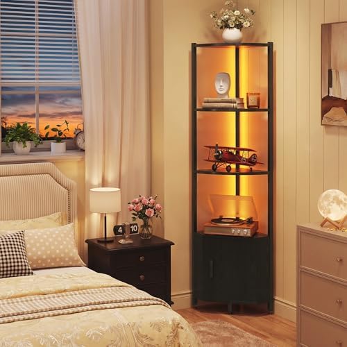 Corner Shelf with Storage, LED Lights 6-Tier Corner Bookshelf, 66'' Organizer Book Shelf Shelves Steel Frame Display Stand with Living Room, Bedroom, Study, Black - Image 6