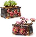 5.5 Inch Succulent Pot Handmade Flower Design Rectangular Ceramic Plant Pot Antique Cactus Pot Planter with Drainge Set of 2 (Yellow Pink Rose and Small Rose) by SUMMERIMPRESSIONS
