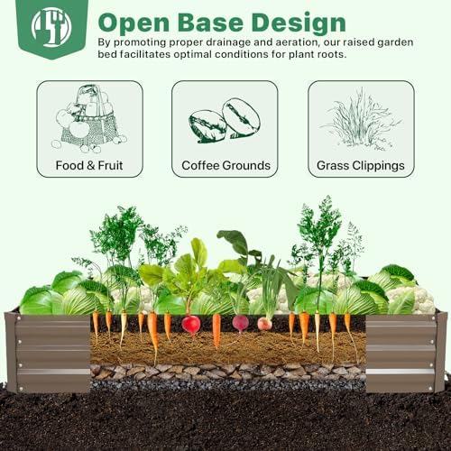 ONCEMORE Galvanized Raised Garden Bed for Vegetables Flowers Herbs, Metal Raised Garden Bed Kit with 2 PCS Tomato Cage, Gloves, Trellis Netting, Plant Labels, Plant Ties, Brown 6×3×1FT - Image 5