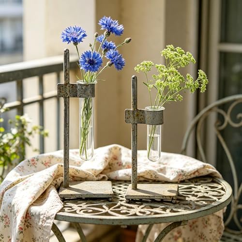 Retro Test Tube Vase Set of 2, Rustic Metal Plant Propagation Station with Clear Glass Tubes, Hydroponic Planter for Home Office Tabletop Decor, Ideal Gifts for Women Mom Plant Lovers (Yellow) - Image 3
