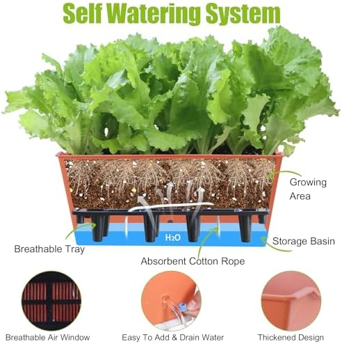 Window Box Planter 6 Pcs, 16.5 Inches Self Watering Rectangle Flower Plant Pots with Drainage Holes Trays, Vegetable Planters for Windowsill Patio Garden Balcony Porch Yard (Orange) - Image 4