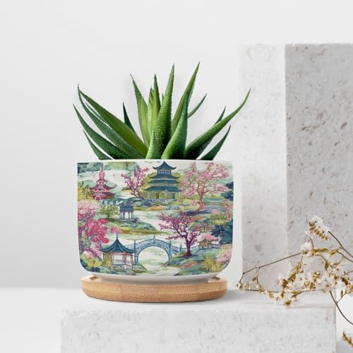 Chinoiserie White Coral Asian Planters Ceramic Chinoiserie Chic Asian Round Flower Pots with Drainage Holes and Bamboo Tray Pot for Home Office Decoration - Image 7