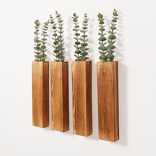 4 Pack Wood Wall Planters with 8 Faux Eucalyptus Stems for Wall Decor by Mokof