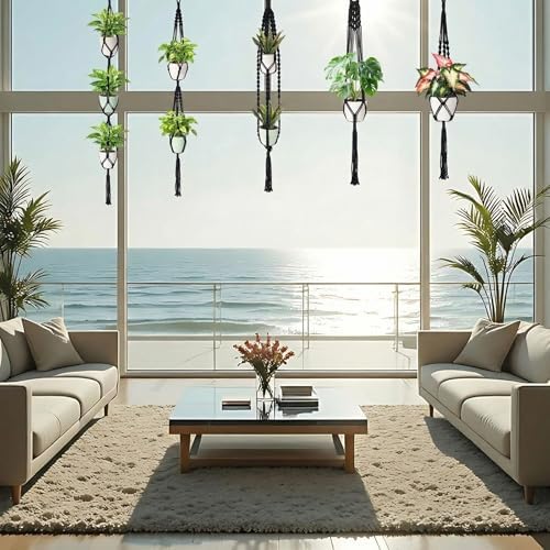 SATINIOR 12 Pcs Macrame Plant Hangers Handmade Boho Hanging Planters 12 Different Tiered Designs with 12 Hooks for Flower Pots Indoor Outdoor Decorative Wall Hanging Baskets for Home (Gothic,Black) - Image 5
