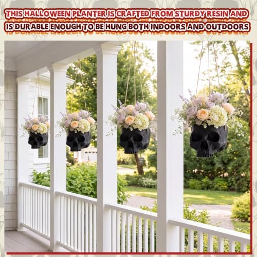 3 Pack Hanging Skull Planter Pot with Ropes, Black - Image 4