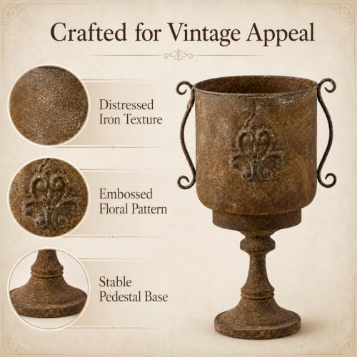 Vintage Tall Urn Planter with Embossed Pattern & Handles, 26 Inch Distressed Rust Iron Decorative Pot, Rustic Farmhouse Floor Pot for Indoor Outdoor Porch Entryway Patio Garden Decor(A3039) - Image 4