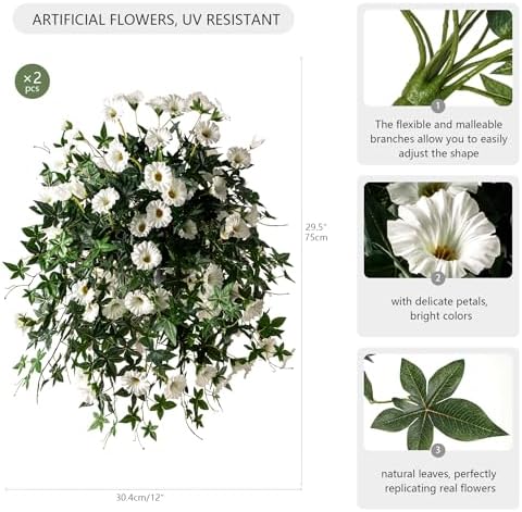 Artificial Flowers Artificial Petunias for Outdoors 2PCS Artificial Hanging Plants Outdoors Silk Flowers with Stems Outdoor Flowers Uv Resistant for Porch DecorTerrace Decor（White）Without Pot - Image 2