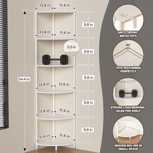 6 Tier Corner Shelf Stand, 54.4", Marble White - Image 6