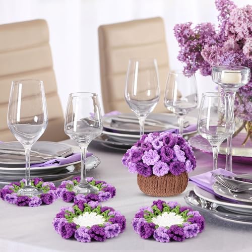 HunnmingRe 15 Pcs 3D Cute Crochet Flower Coasters Set, Spring Summer Floral Table Coasters with Plant Pot Holder, Soft Decorative Cup Mat, Housewarming Gift(Purple,Lily of the Valley​) - Image 5