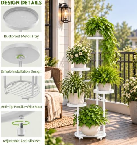 TOSKING Tall 5-Tier Round Metal Corner Plant Stand Indoor, Anti-Tip, White - Image 6