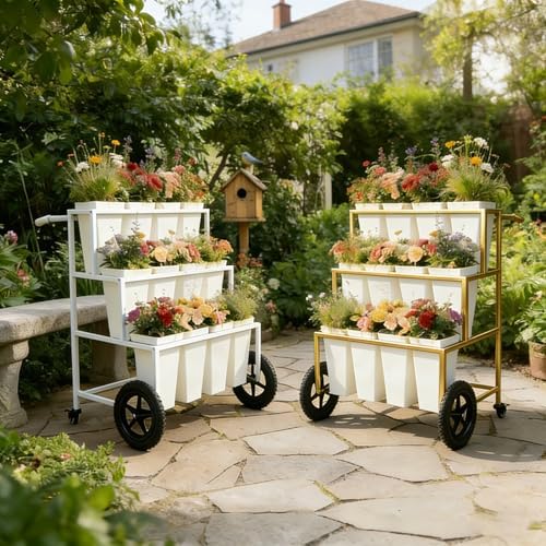 White Mobile Metal Plant Stand, 360 Rolling Flower Rack - Image 3