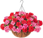 INSPRING Geraniums Artificial Flowers Hanging Basket for Outdoors Outside Decoration, 8 Bundles Silk Flowers Fake Plants Look Real UV Resistant for Porch Home Patio Balcony Yard, Red Pink by INSPRING