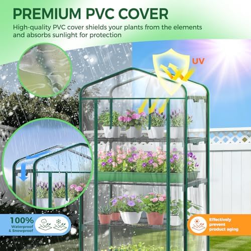 Ohuhu Mini Greenhouse for Indoor Outdoor with Wheel, Small Plastic Plant Green House 4-Tier Rack Stand Portable Greenhouses with Durable PVC Cover for Seedling - Image 5