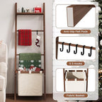 63" Bamboo Blanket Ladder with Shelf, Fabric Storage Basket and 5 Hooks - Image 3