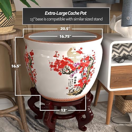 Red Lantern Large 20" Porcelain Fishbowl Cherry Blossom Planter - Image 4