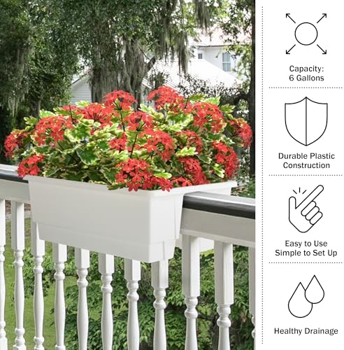 Pure Garden Railing Planter - 20.75-Inch Flower Box with Drainage Insert - 6-Gallon Outdoor Planter Box - Deck, Porch, or Balcony (White) - Image 6