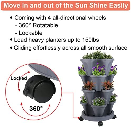 GameXcel Vertical Planter Tower - 4 Tier Stackable Garden Planters with Wheels and Tools Plant Pots for Strawberry Herb Flower and Vegetable Indoor Outdoor Use Dark Gray - Image 6