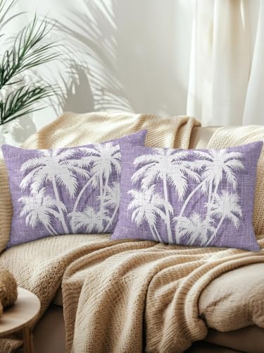Coastal Palm Tree 12x20 Waterproof Outdoor Lumbar Pillows Set of 2 with Inserts, Tropical Plants Botanical Vintage Purple Patio Decorative Cushion Pillows for Outdoor Sofa Bench Porch Balcony - Image 2