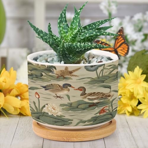 Garden Planters Ceramic Round Flower Pot with Drainage Holes and Bamboo Tray Pot for Succulents Cactus Garden Windowsill - Image 6