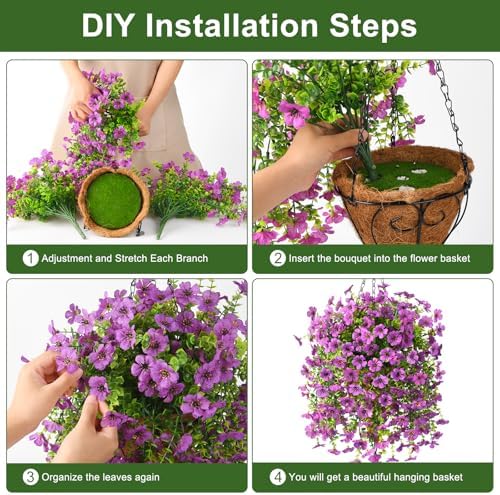 Homsunny Artificial Fake Hanging Plants Flowers Baskets for Outdoor Outside Spring Decor,Faux Silk Daisy UV Resistant Look Real Summer Decorations for Home Porch Patio Yard Garden(Purple - Image 5