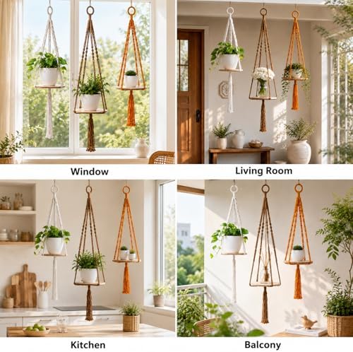Macrame Hanging Planter with Shelf, Boho Plant Hanger for Indoor Window - Image 2