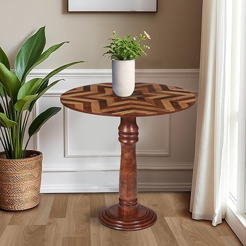 Handcrafted Round Coffee Table for Living Room – 18x21.5 Inch Wooden End Table, Side Table, Accent Table – Solid Wood Small Table with Pillar Joint Design – Natural Finish - Image 6