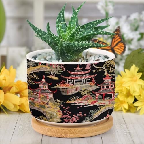 Chinoiserie Coral Asian Ceramic Planters Chinoiserie Chic Asian Planters for Outdoor Plants with Drainage Holes and Saucers Pot for Home Office Desk Garden - Image 6