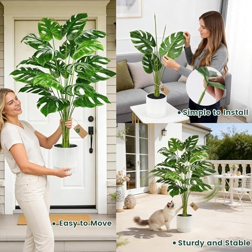 Der Rose 44" Artificial Plants Indoor, Monstera Floor Plant in White Pot - Image 4